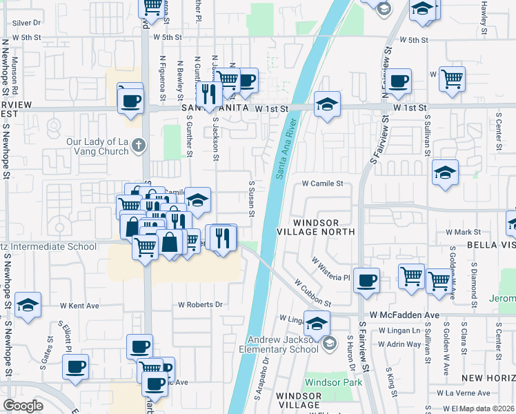map of restaurants, bars, coffee shops, grocery stores, and more near 605 South Susan Street in Santa Ana