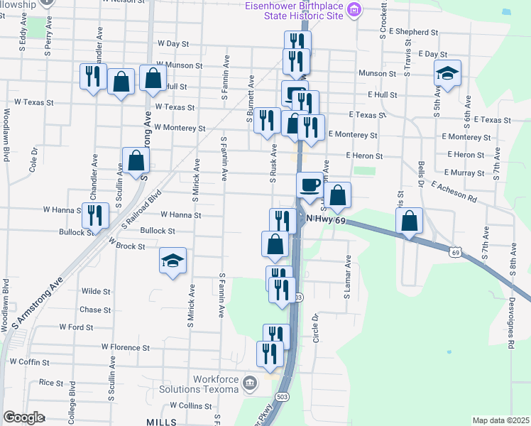 map of restaurants, bars, coffee shops, grocery stores, and more near 1603 South Rusk Avenue in Denison