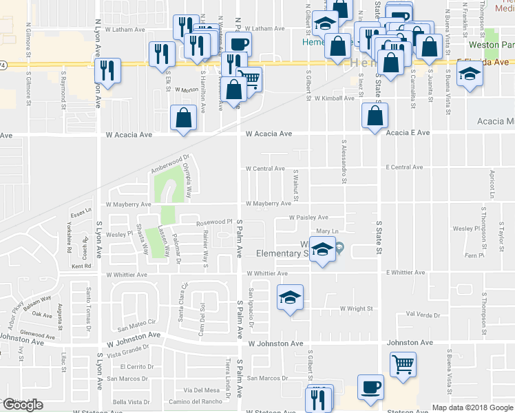 map of restaurants, bars, coffee shops, grocery stores, and more near 791 West Mayberry Avenue in Hemet