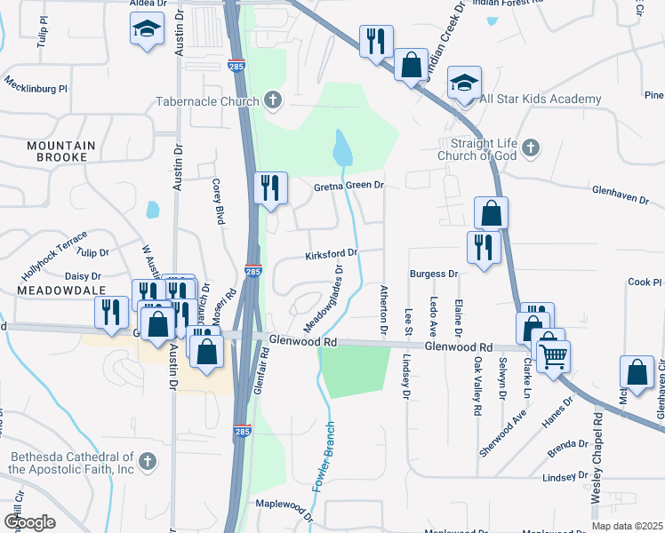 map of restaurants, bars, coffee shops, grocery stores, and more near 1763 Meadowglades Drive in Decatur