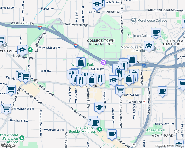 map of restaurants, bars, coffee shops, grocery stores, and more near 572 Lawton Street Southwest in Atlanta