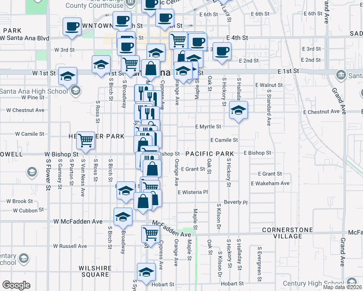 map of restaurants, bars, coffee shops, grocery stores, and more near 325 East Bishop Street in Santa Ana