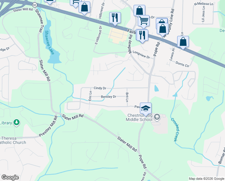 map of restaurants, bars, coffee shops, grocery stores, and more near 3849 Cindy Drive in Douglasville