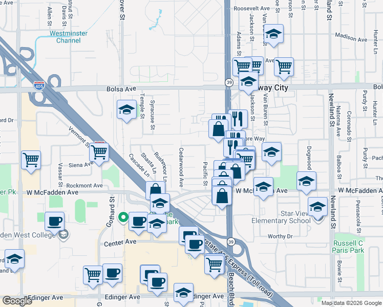 map of restaurants, bars, coffee shops, grocery stores, and more near 7792 Ledon Way in Midway City