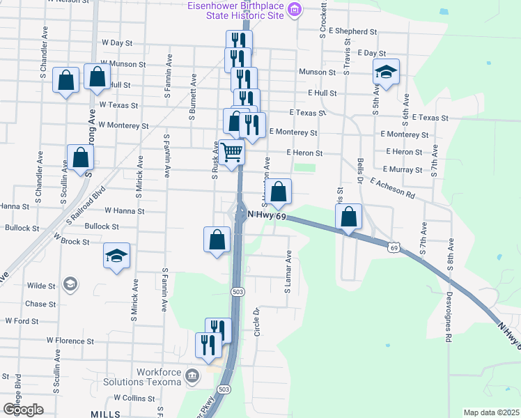 map of restaurants, bars, coffee shops, grocery stores, and more near 1600 South Austin Avenue in Denison