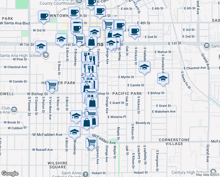 map of restaurants, bars, coffee shops, grocery stores, and more near 611 South Orange Avenue in Santa Ana