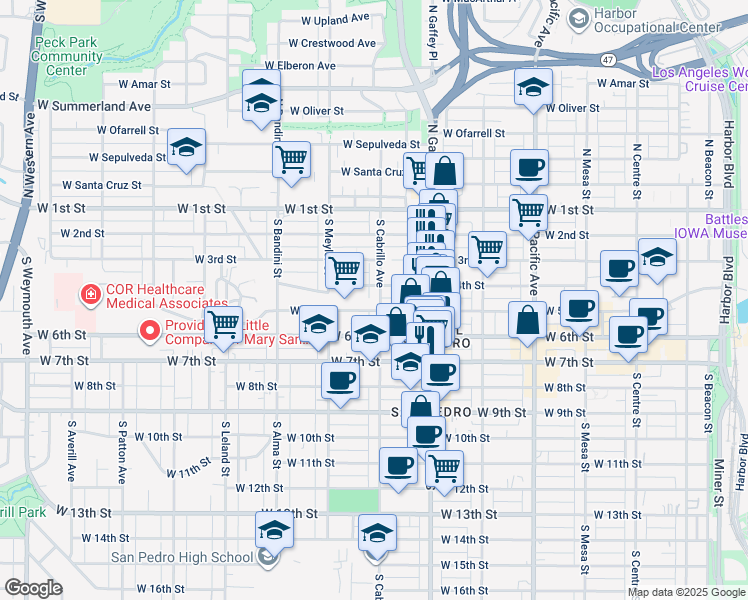 map of restaurants, bars, coffee shops, grocery stores, and more near 425 South Cabrillo Avenue in Los Angeles