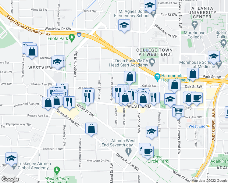 map of restaurants, bars, coffee shops, grocery stores, and more near 573 Holderness Street Southwest in Atlanta