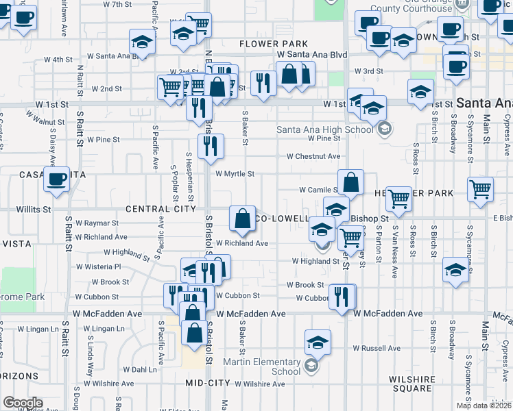 map of restaurants, bars, coffee shops, grocery stores, and more near 606 South Rosewood Avenue in Santa Ana