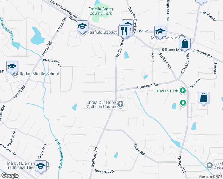 map of restaurants, bars, coffee shops, grocery stores, and more near 1733 Wellborn Road in Lithonia