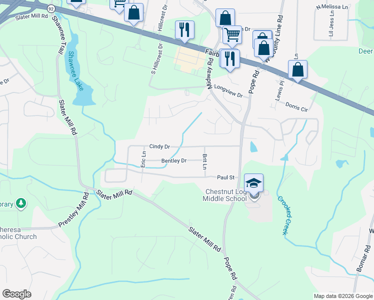 map of restaurants, bars, coffee shops, grocery stores, and more near 3818 Bentley Drive in Douglasville