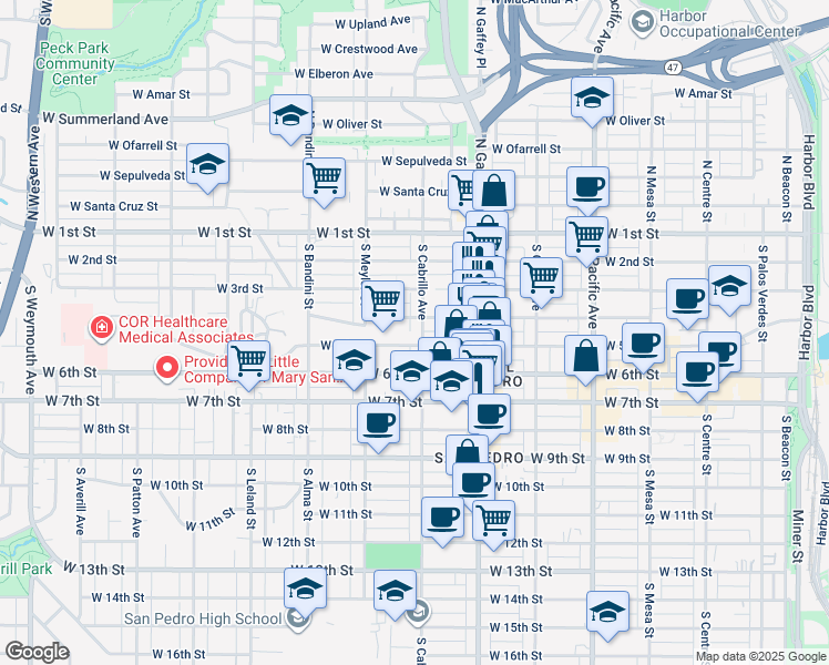 map of restaurants, bars, coffee shops, grocery stores, and more near 425 South Cabrillo Avenue in Los Angeles