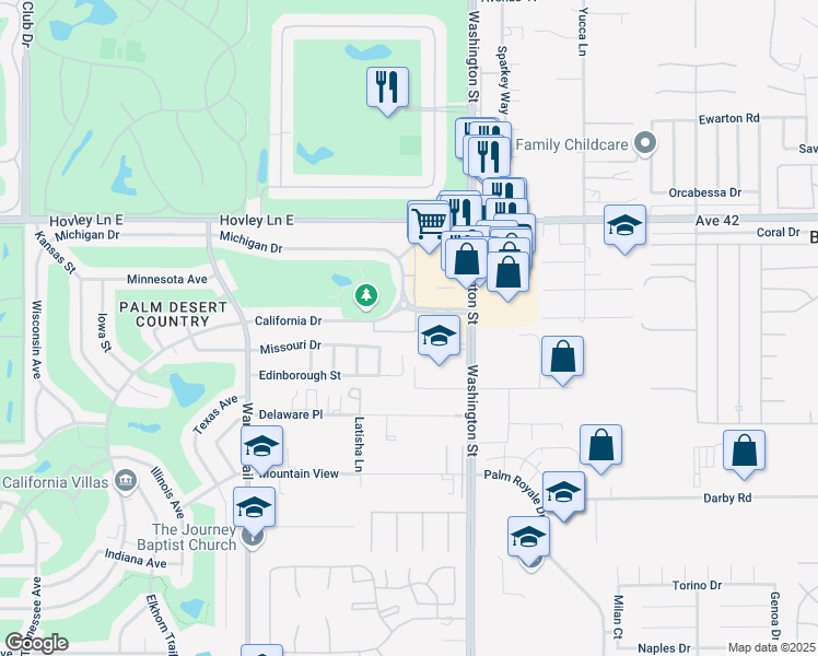 map of restaurants, bars, coffee shops, grocery stores, and more near 42560 Brighton Street in Palm Desert