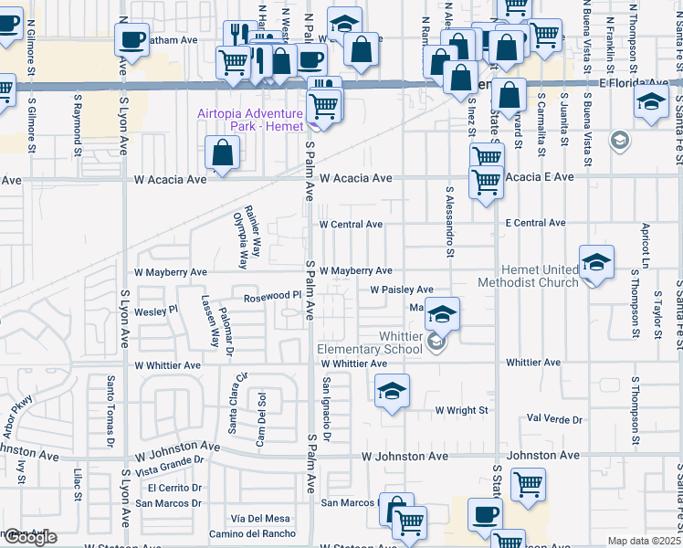 map of restaurants, bars, coffee shops, grocery stores, and more near 772 Oleander Street in Hemet