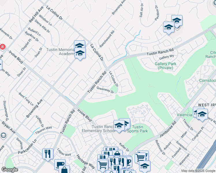map of restaurants, bars, coffee shops, grocery stores, and more near 2447 Princeville Place in Tustin