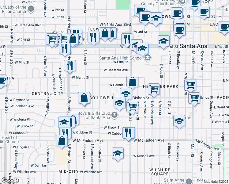map of restaurants, bars, coffee shops, grocery stores, and more near 1007 West Bishop Street in Santa Ana
