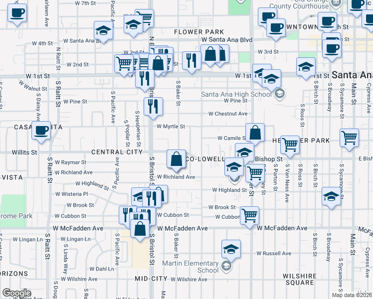 map of restaurants, bars, coffee shops, grocery stores, and more near 606 South Rosewood Avenue in Santa Ana