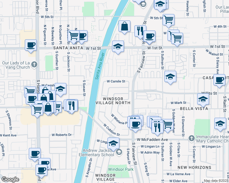 map of restaurants, bars, coffee shops, grocery stores, and more near 605 South Mohawk Drive in Santa Ana