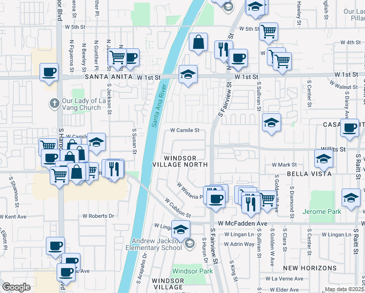 map of restaurants, bars, coffee shops, grocery stores, and more near 605 South Mohawk Drive in Santa Ana