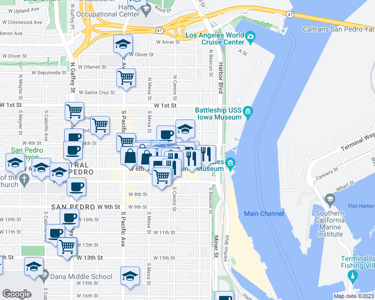 map of restaurants, bars, coffee shops, grocery stores, and more near 250 West 5th Street in Los Angeles