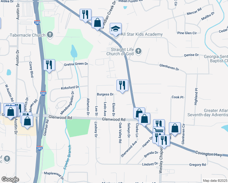 map of restaurants, bars, coffee shops, grocery stores, and more near 4134 Burgess Drive in Decatur