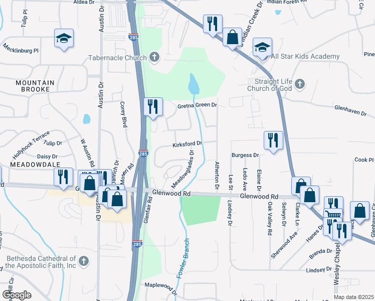 map of restaurants, bars, coffee shops, grocery stores, and more near 1763 Meadowglades Drive in Decatur