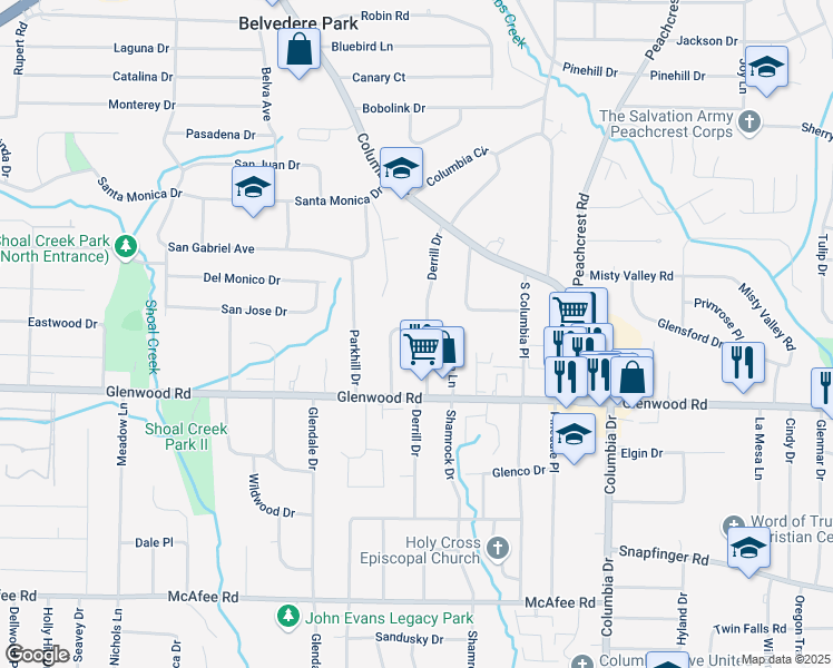 map of restaurants, bars, coffee shops, grocery stores, and more near 1777 Derrill Drive in Decatur