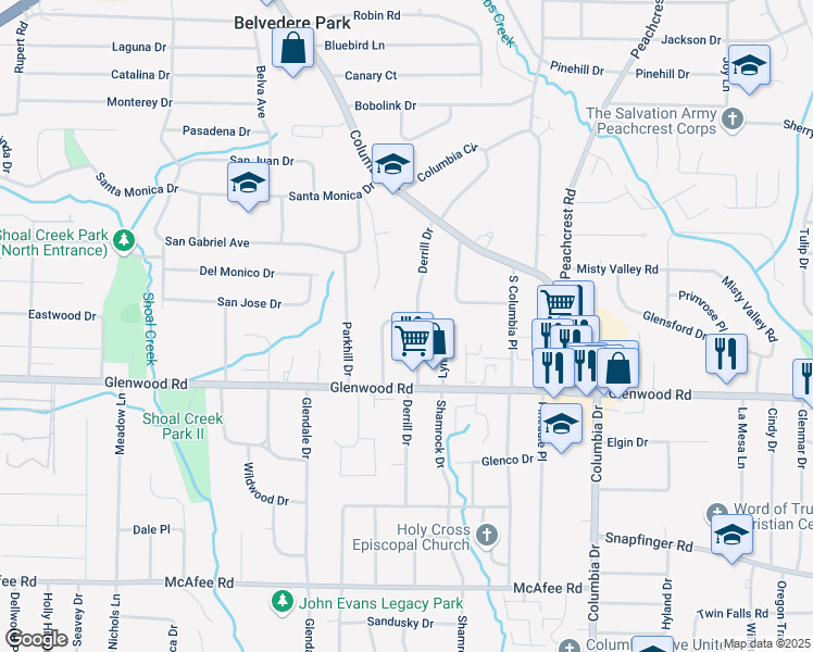 map of restaurants, bars, coffee shops, grocery stores, and more near 1777 Derrill Drive in Decatur