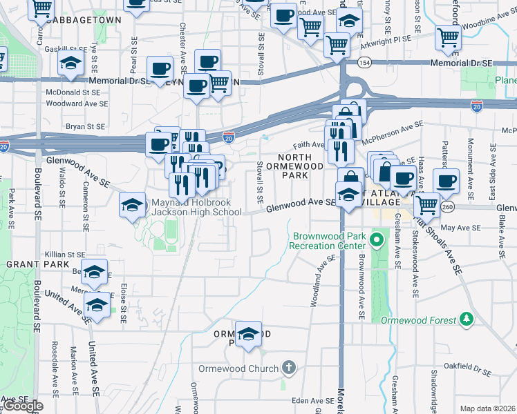 map of restaurants, bars, coffee shops, grocery stores, and more near 1023 Glenwood Avenue Southeast in Atlanta