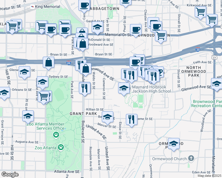 map of restaurants, bars, coffee shops, grocery stores, and more near 548 Cameron Street Southeast in Atlanta