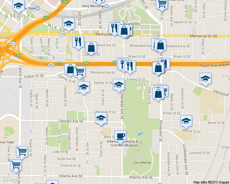 map of restaurants, bars, coffee shops, grocery stores, and more near 551 Oakland Avenue Southeast in Atlanta
