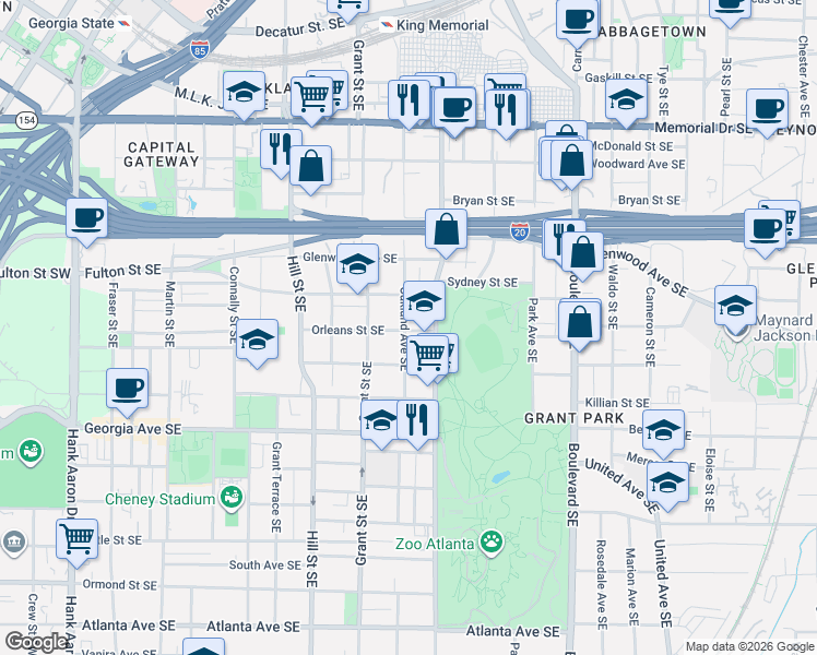 map of restaurants, bars, coffee shops, grocery stores, and more near 551 Oakland Avenue Southeast in Atlanta