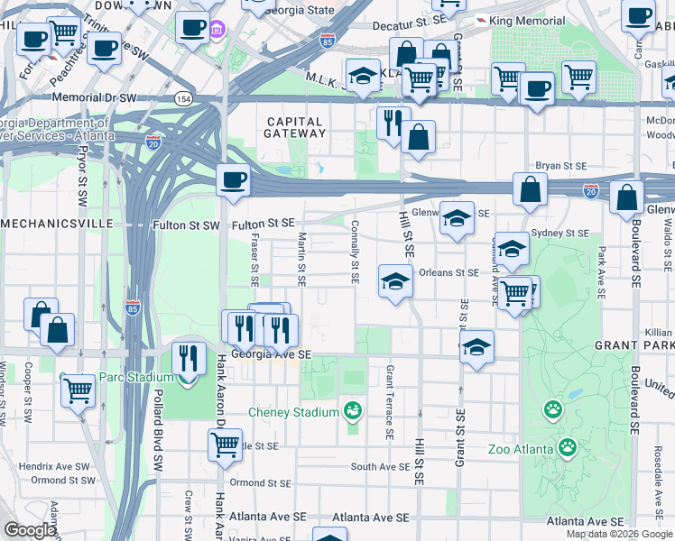 map of restaurants, bars, coffee shops, grocery stores, and more near 158 Richmond Street Southeast in Atlanta