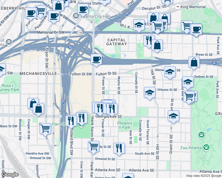map of restaurants, bars, coffee shops, grocery stores, and more near 59 Crumley Street Southeast in Atlanta