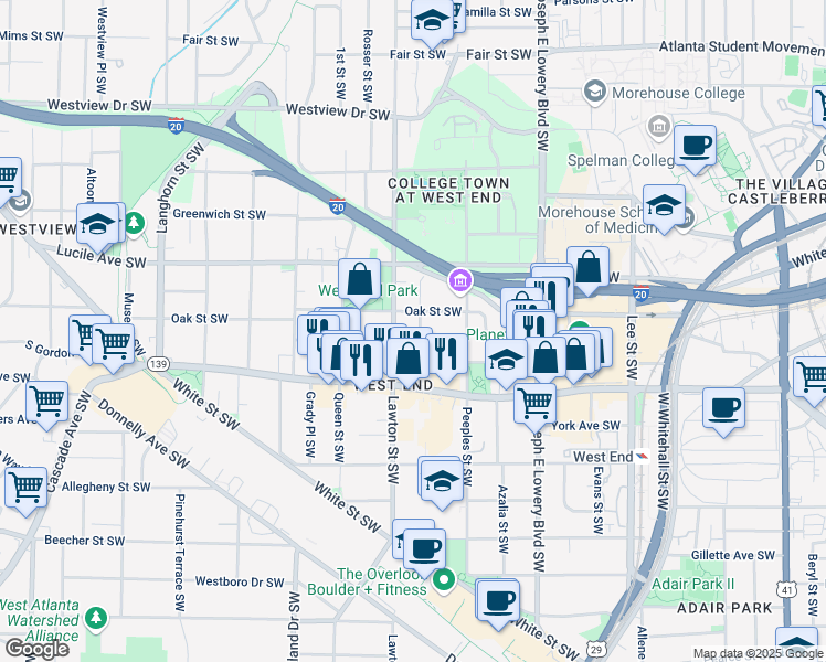 map of restaurants, bars, coffee shops, grocery stores, and more near 572 Lawton Street Southwest in Atlanta