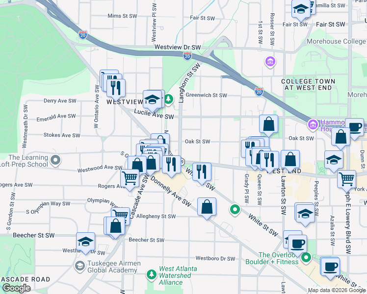 map of restaurants, bars, coffee shops, grocery stores, and more near 1355 Ralph David Abernathy Boulevard in Atlanta
