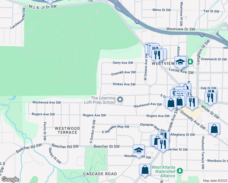 map of restaurants, bars, coffee shops, grocery stores, and more near 1721 South Gordon Street Southwest in Atlanta
