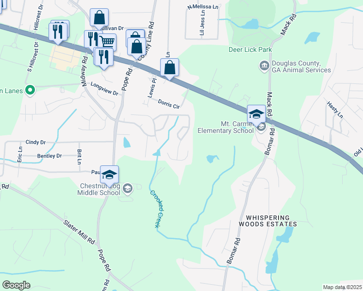 map of restaurants, bars, coffee shops, grocery stores, and more near 3302 Willow Meadow Lane in Douglasville