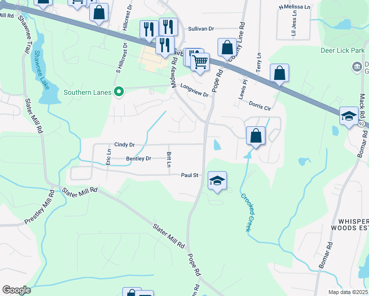 map of restaurants, bars, coffee shops, grocery stores, and more near 3757 Cindy Drive in Douglasville