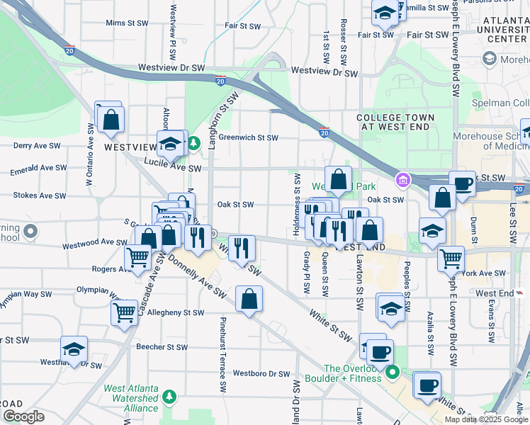 map of restaurants, bars, coffee shops, grocery stores, and more near 549 Atwood Street Southwest in Atlanta