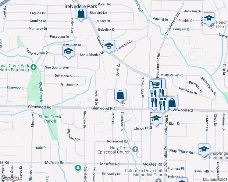 map of restaurants, bars, coffee shops, grocery stores, and more near 1761 Derrill Drive in Decatur