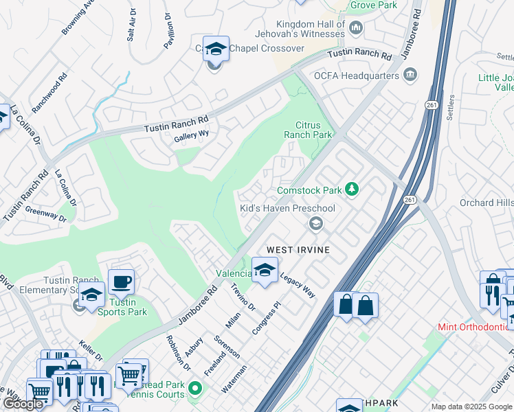 map of restaurants, bars, coffee shops, grocery stores, and more near 2960 Champion Way in Tustin