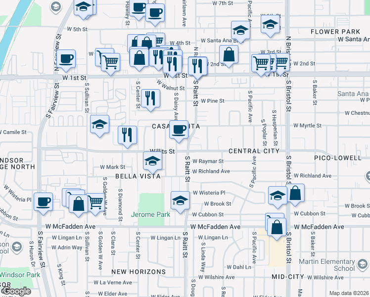 map of restaurants, bars, coffee shops, grocery stores, and more near 538 South Raitt Street in Santa Ana