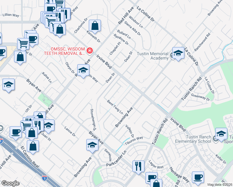 map of restaurants, bars, coffee shops, grocery stores, and more near 13141 Chirping Sparrow Way in Tustin