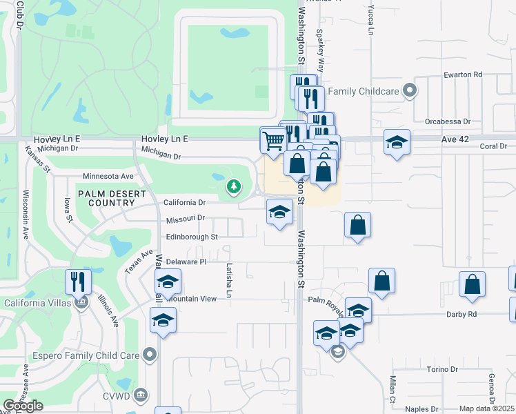 map of restaurants, bars, coffee shops, grocery stores, and more near 42560 Brighton Street in Palm Desert