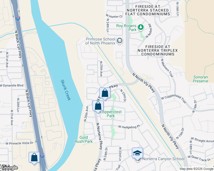 map of restaurants, bars, coffee shops, grocery stores, and more near 2447 West Via Dona Road in Phoenix