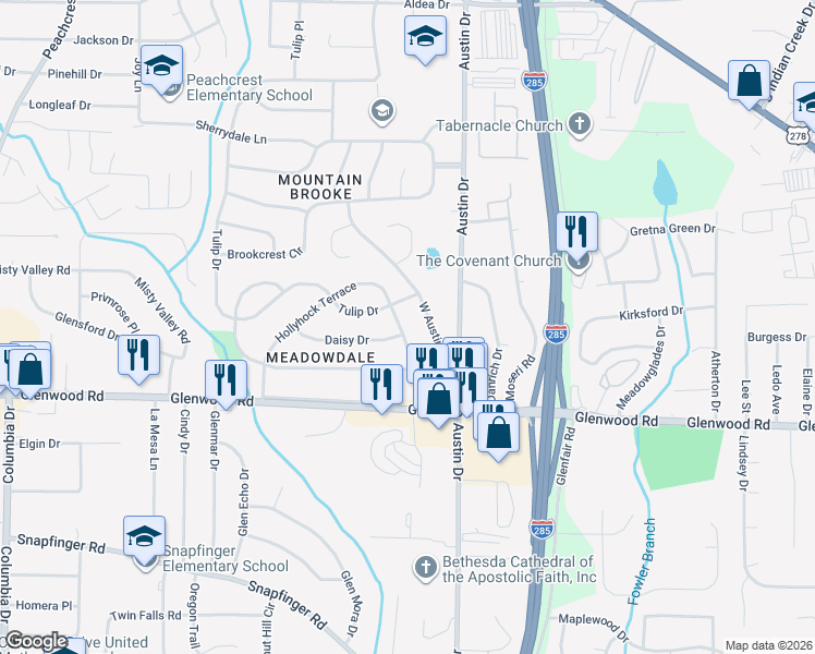 map of restaurants, bars, coffee shops, grocery stores, and more near 3735 Daisy Drive in Decatur