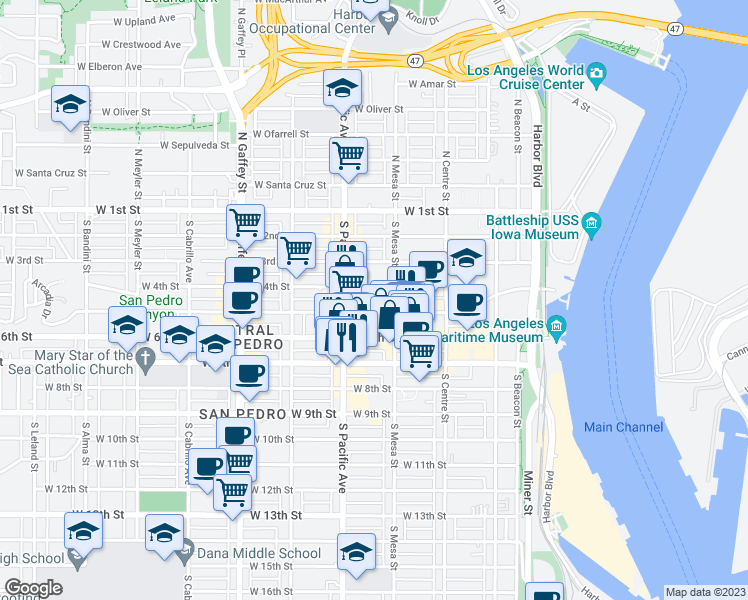 map of restaurants, bars, coffee shops, grocery stores, and more near 448 West 5th Street in Los Angeles