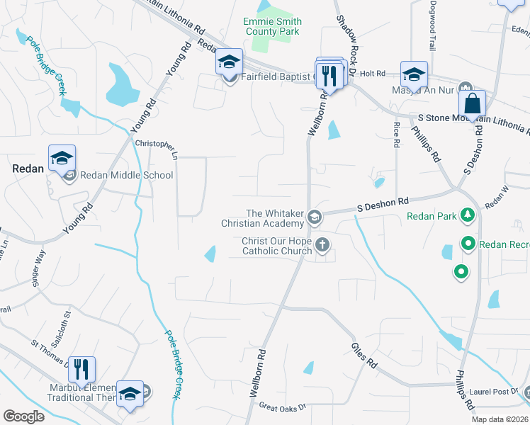map of restaurants, bars, coffee shops, grocery stores, and more near 5969 South Deshon Court in Lithonia