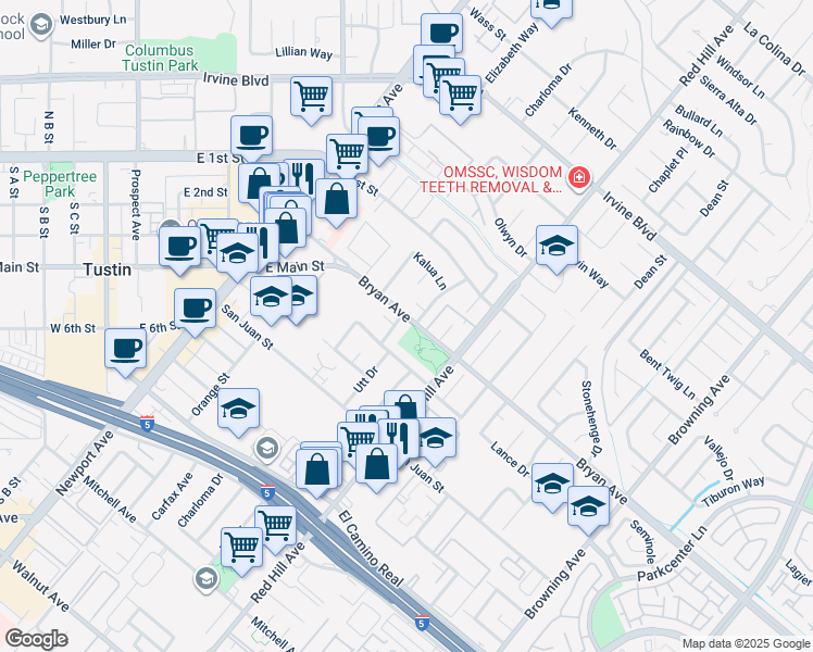 map of restaurants, bars, coffee shops, grocery stores, and more near 1372 Bryan Avenue in Tustin